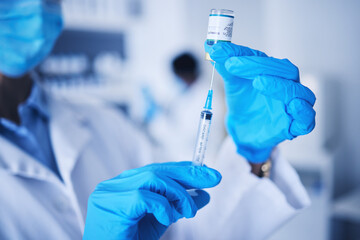 Vaccine, doctor hands and monkeypox injection for safety, healthcare medicine or pharmaceutical laboratory test. Closeup syringe, hands and liquid bottle of virus risk, medical scientist and research