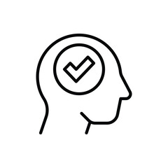 Idea approved thin line icon: check mark in human head. Right decision, positive solution. Vector illustration.