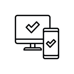 Sync between computer and smartphone is approved: check marks are on device screens. Thin line icon. Modern vector illustration.