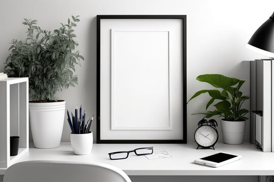 A cozy office setting with a mock-up frame and copy space against a background of a white table and a white wall. Generative AI