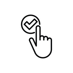 Push button with check mark by finger. Click yes. Thin line icon. Send for approval. Accept agreement. Modern vector illustration.