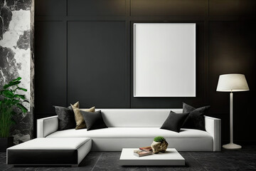 Mockup canvas frame in living room with white corner sofa, black wall, and marble floor, side view. Big square coffee table with books and cocktail near window, no people. Generative AI