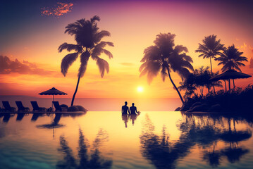 Naklejka na ściany i meble Couple Enjoying Sunset at a Tropical Island. Generative AI.