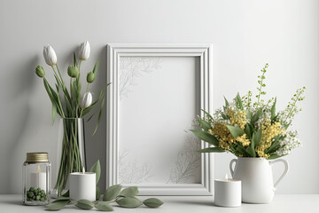 Easter house decor. Spring flowers in white containers on a light background. Generative AI