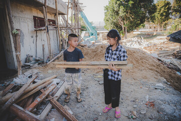 Children are forced to work in the construction area. Human rights concepts, stopping child abuse,...