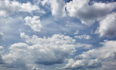 Panoramic photo of blurred sky. Blue sky background with cumulus clouds