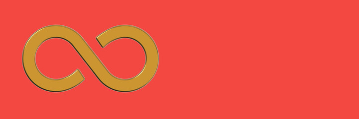 The sign of infinity is golden, isolated on a red background. Symbol of infinity. Horizontal image. 3D image. 3D rendering. Banner for insertion into site.