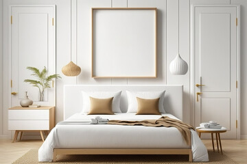 Frame mockup template, scandinavian modern wooden bedroom with rattan furniture in white tones, double bed, duvet, pillows, wardrobe, carpet, mirror, lamp, and decors. Parquet. Generative AI