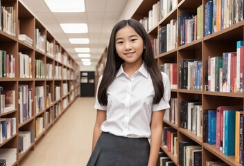 Asian student or schoolgirl in library. Generative AI - obrazy, fototapety, plakaty
