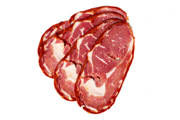 Beef ribeye bacon or turkish pastrami sliced isolated on white background. Traditional Turkish delicacies. Top view