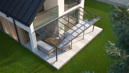 Fototapeta Terrace canopy, glass roof, 3d illustration obraz
