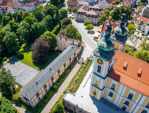 Aerial view of the city Donaueschingen in Germany and church St. Johannes Baptist