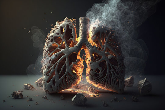 Human lungs with smoke on black background, Unhealthy habit, damages on respiratory system. No tobacco day, no smooking. AI Generative