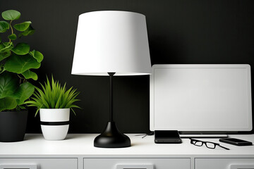 On a contemporary white work desk with a black fashionable table lamp, décor green plants, a printer, and stationery on the side, there is a realistic blank empty area. Display of products, backdrops