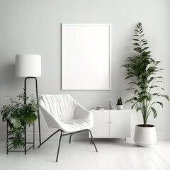 Mockup frame on the wall of living room, minimalist apartment, contemporary design. Modern interior design. 3D render, 3D illustration
