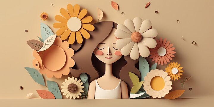 a cute woman with flower and copy space, paper cut style, woman with floral background, lady with flowers background, woman's day banner