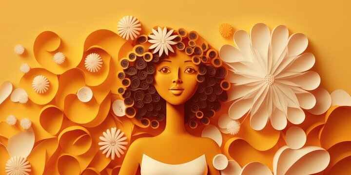 a cute woman with flower background, paper cut style, woman with floral background, womans day