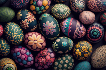 Close-up of painted Easter eggs with floral patterns - Generative Ai