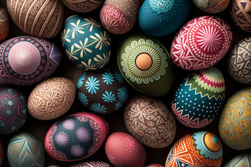 Close-up of painted Easter eggs with floral patterns - Generative Ai