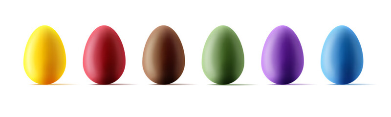 Set easter eggs with realistic effect on white background, colourful 3d shapes, glossy isolated