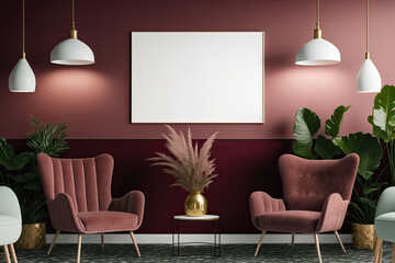 Poster mock-up featuring a modern, pastel home with a burgundy wall, plush chairs, a plant, and lamps. Generative AI