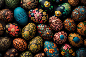 Fototapeta na wymiar A Close-Up View of Easter Eggs Decorated with Lovely Flower Designs - Generative Ai