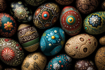 Easter Eggs Adorned with Intricate Floral Patterns in Close-Up View - Generative Ai