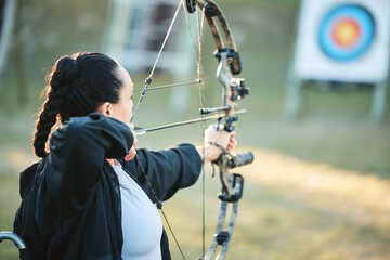Archery woman, target and bow and arrow training for outdoor sports, athlete challenge or girl...