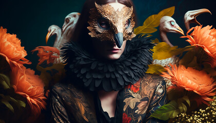 Fantasy Portrait of a Royal Queen in Birdy Carnival face mask and Vintage Dress of Feathers and flowers 