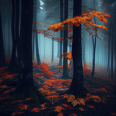 An eerie illustration of a dark and misty forest during autumn, where the orange leaves are in high contrast with the overall scene