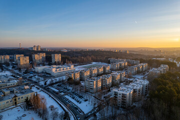 Aerial beautiful winter morning view of Fabijoniskes district, Vilnius, Lithuania