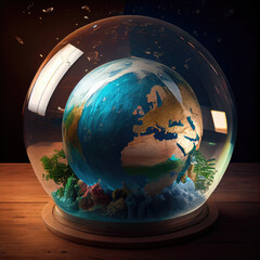 The planet Earth placed in a glass sphere surrounded by foliage, placed on a table with dark background