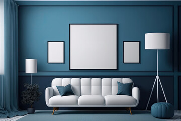 Solid monochrome background for gallery wall mockup, pastel room, flat dark blue with 6 frames on the wall, poster frame background. Generative AI