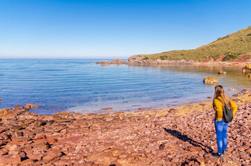 Fototapeta premium Chica paseando por una playa solitaria 