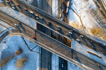 Aerial beautiful winter morning view of traffic jam in Seskine district, Vilnius, Lithuania