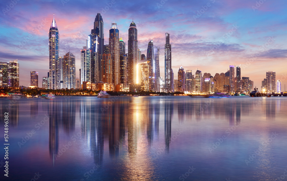 Wall mural dubai panorama skyline at dramatic sunset in marina, united arab emirates