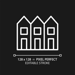Townhouse pixel perfect white linear icon for dark theme. Multiple floor houses in row. Luxury property. City rowhouse. Thin line illustration. Isolated symbol for night mode. Editable stroke