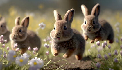 Cute brown rabbits jumping in a field with daisies and flowers, generative AI