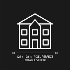 Detached house pixel perfect white linear icon for dark theme. Stand alone home. Single family residence. Purchase property. Thin line illustration. Isolated symbol for night mode. Editable stroke