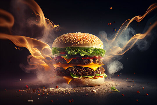 Delicious homemade burgers of beef, cheese and vegetables on smoke and fire background, image ai generate