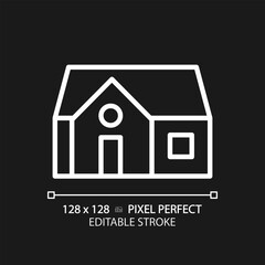 Single story house pixel perfect white linear icon for dark theme. Compact home for one family. Real estate. Detached building. Thin line illustration. Isolated symbol for night mode. Editable stroke