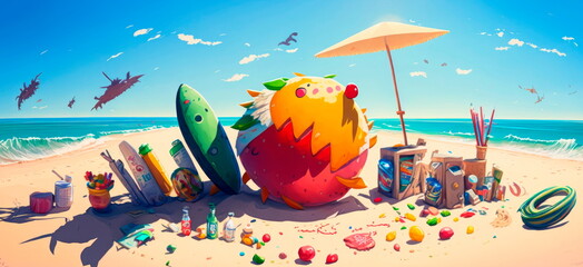 on a sunny day at the beach with your favorite beach toys and cocktails  Generative AI