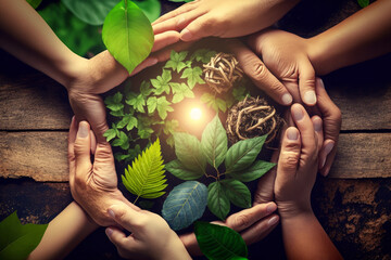 World environment day. Global community teamwork, CSR, and ESG environmental energy-saving collaboration of hands stack together for sustainable development goals. People join for cooperation 