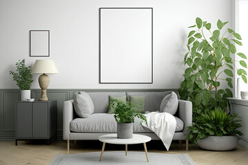 Living room mockup poster on gray decorative wall. Scandinavian design, illustration. Generative AI