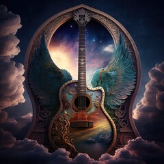 Design concept of a music in heave with a guitar with wings in the clouds, generative ai