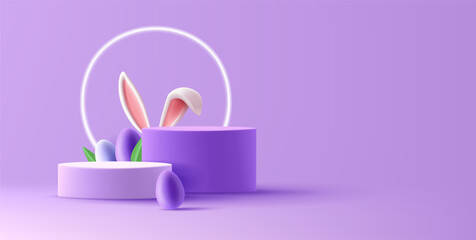 Spring Easter podium, cylinder pedestal with eggs and bunny ears and neon glowing circle, violet colors