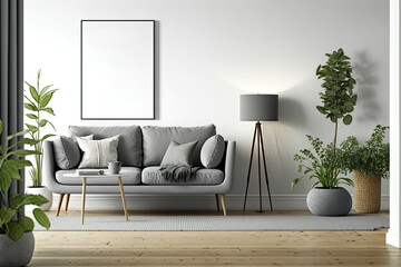 Scandinavian living room with gray sofa, wood floor, and mock-up poster frame,. Generative AI