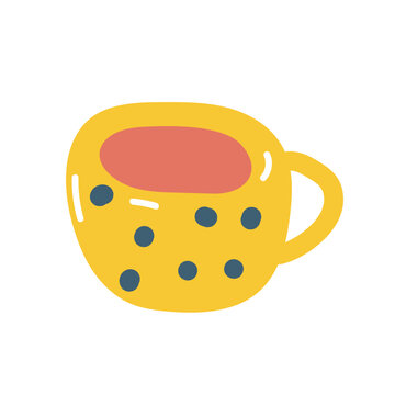 Vector Illustration Of Cup In Flat Style. Yellow Polka Dot Mug In Flat Style