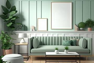 Elegant living room with mock poster frame, mint sofa, coffee table, plants, and accessories. Shelf-mounted green wood panelling. Modern furnishings. Template. Decor. Generative AI