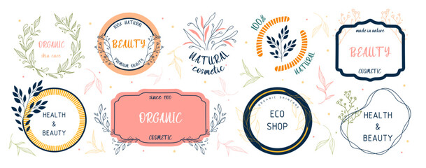 Set of floral botanical logos. Perfect for beauty and care, eco-friendly, and organic brands. Organic-themed frames.